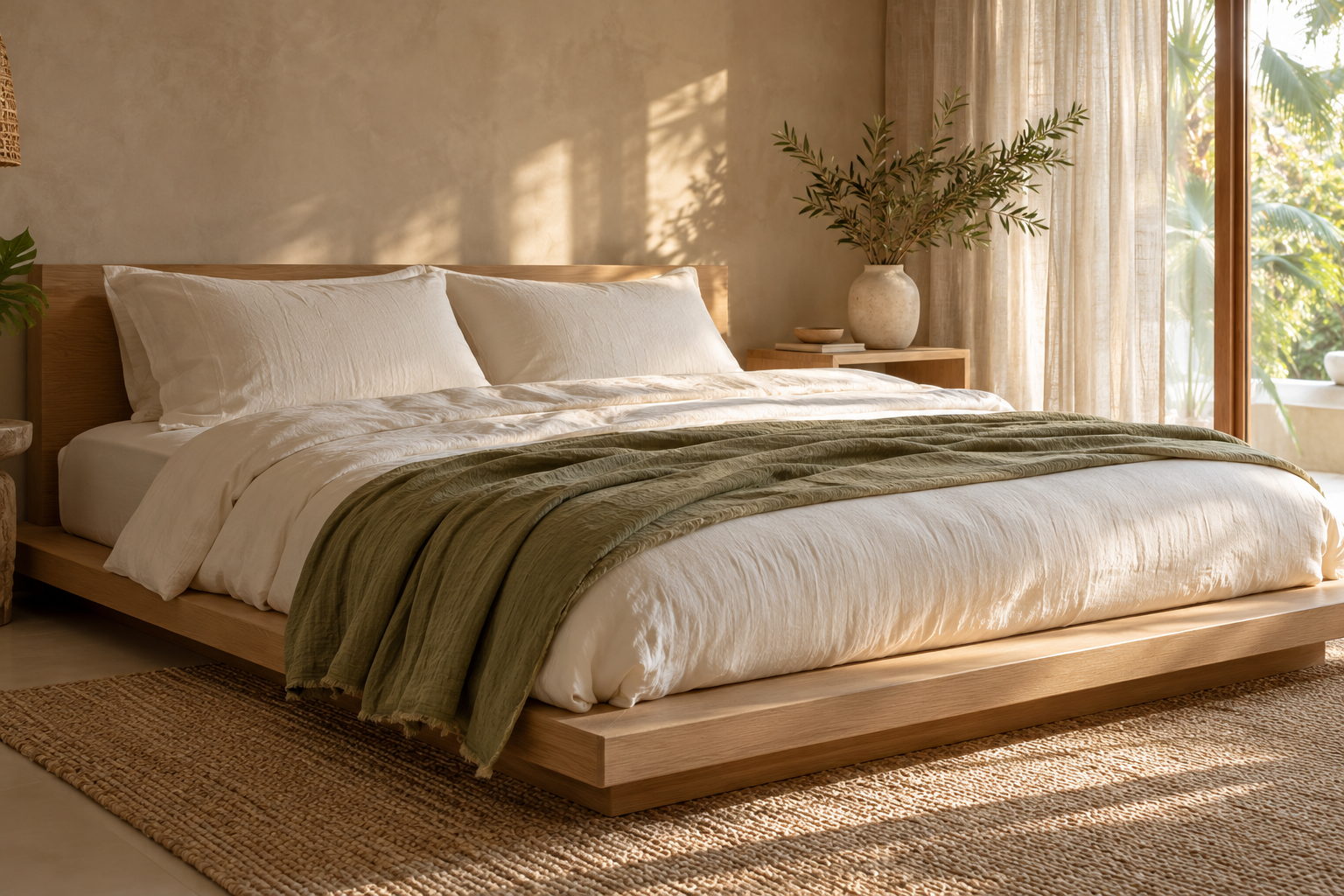 A peaceful bedroom with warm natural materials